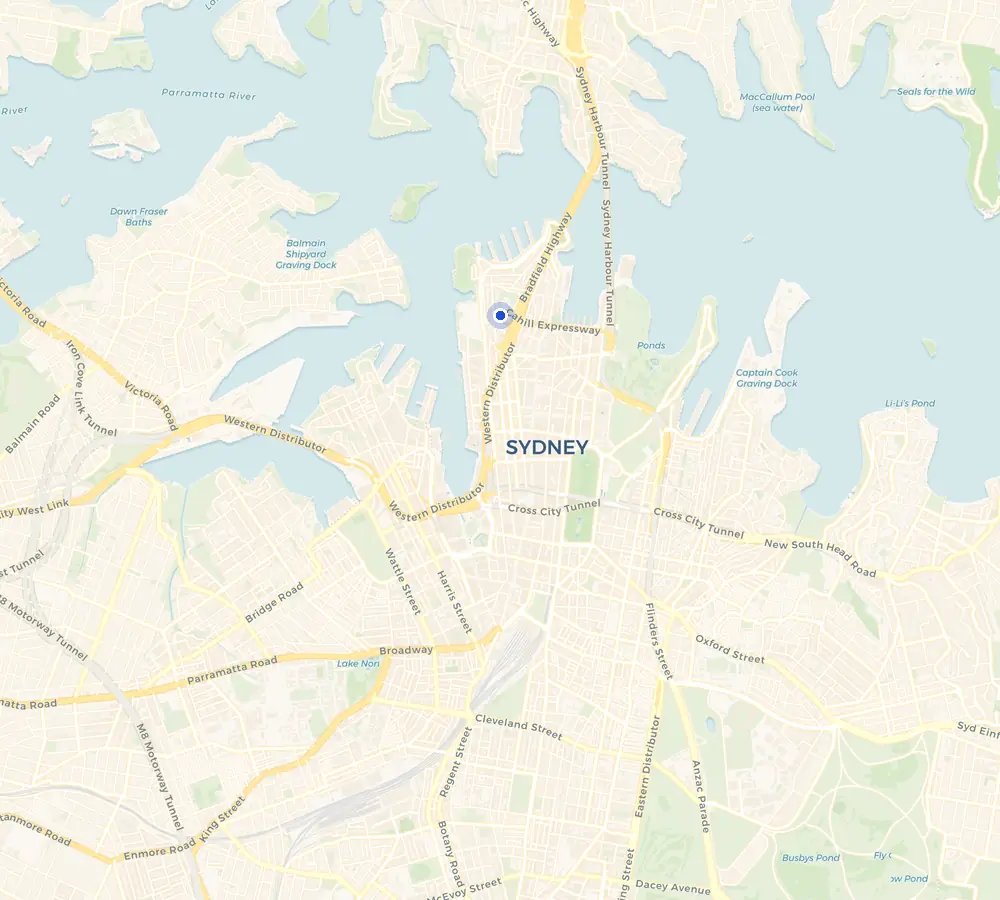 Map of the Millers Point service area and the surrounding Inner Sydney, showing Millers Point and the nearby streets we cover.