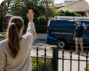 Customer waving goodbye to a Millers Point Blocked Drains plumber